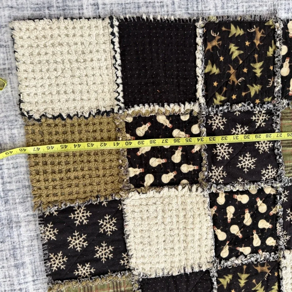 Handmade Winter Rag Quilt Patchwork Throw Blanket Snowman Reindeer Plaid 48x55